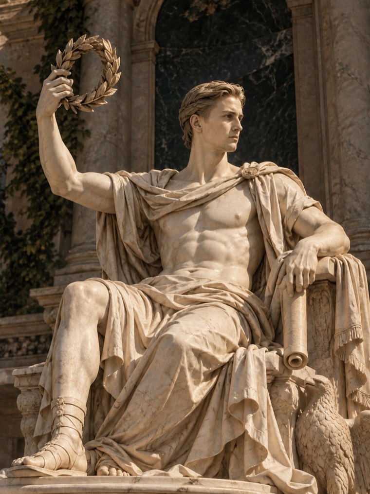 Marble statue of Emperor Isacus Haworus on his throne, raising a laurel wreath